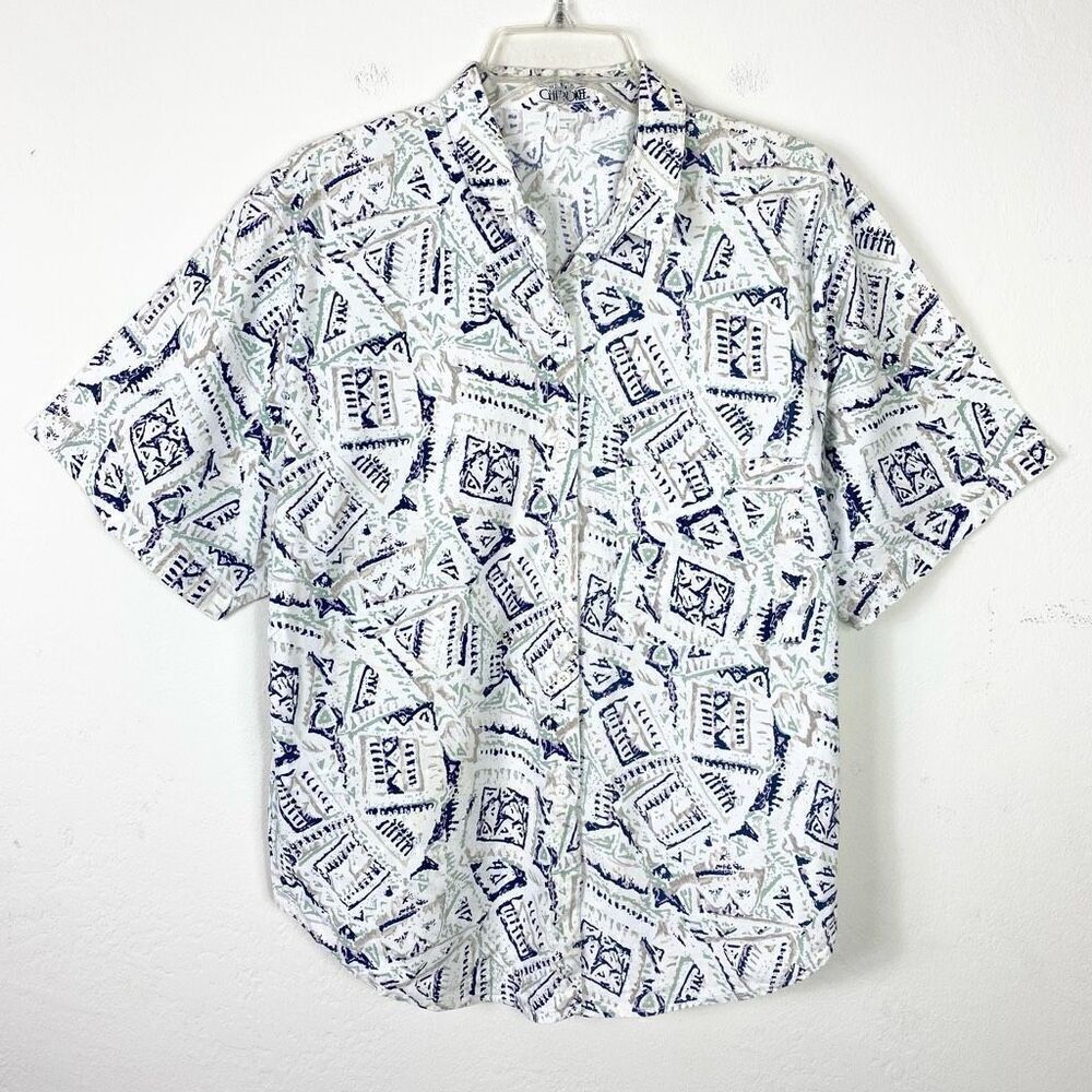 Vintage Cherokee White & Navy Patterned Short Sleeve Button Up Shirt Size 1X